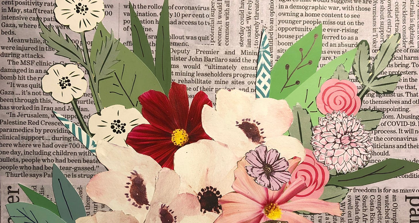 Collage of colourful flowers laid over newsprint