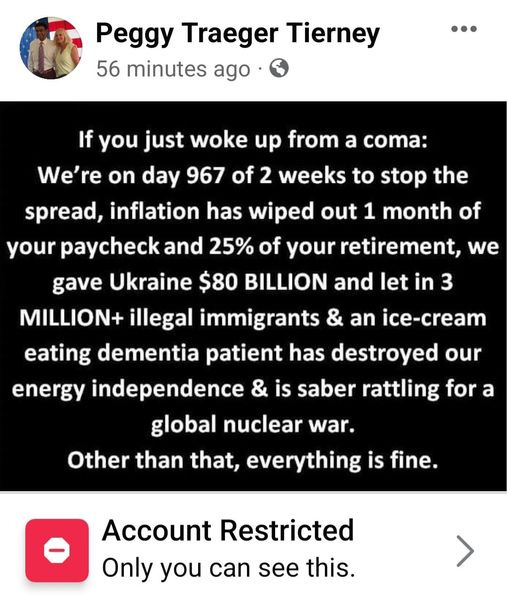 May be an image of 1 person and text that says 'Peggy Traeger Tierney 56 minutes ago If you just woke up from a coma: We're on day 967 of 2 weeks to stop the spread, inflation has wiped out 1 month of your paycheck and 25% of your retirement, we gave Ukraine $80 BILLION and let in 3 MILLION+ illegal immigrants & an ice-cream eating dementia patient has destroyed our energy independence & is saber rattling for a global nuclear war. Other than that, everything is fine. Account Restricted Only you can see this.'