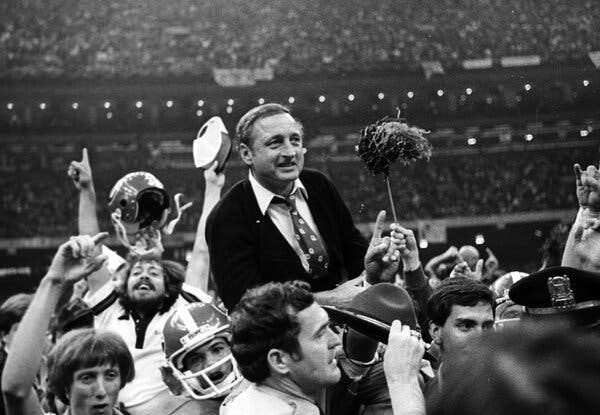 Vince Dooley, the University of Georgia&rsquo;s head coach, was carried off the field after Georgia defeated Notre Dame, 17-10, in the Sugar Bowl on Jan. 1, 1981.