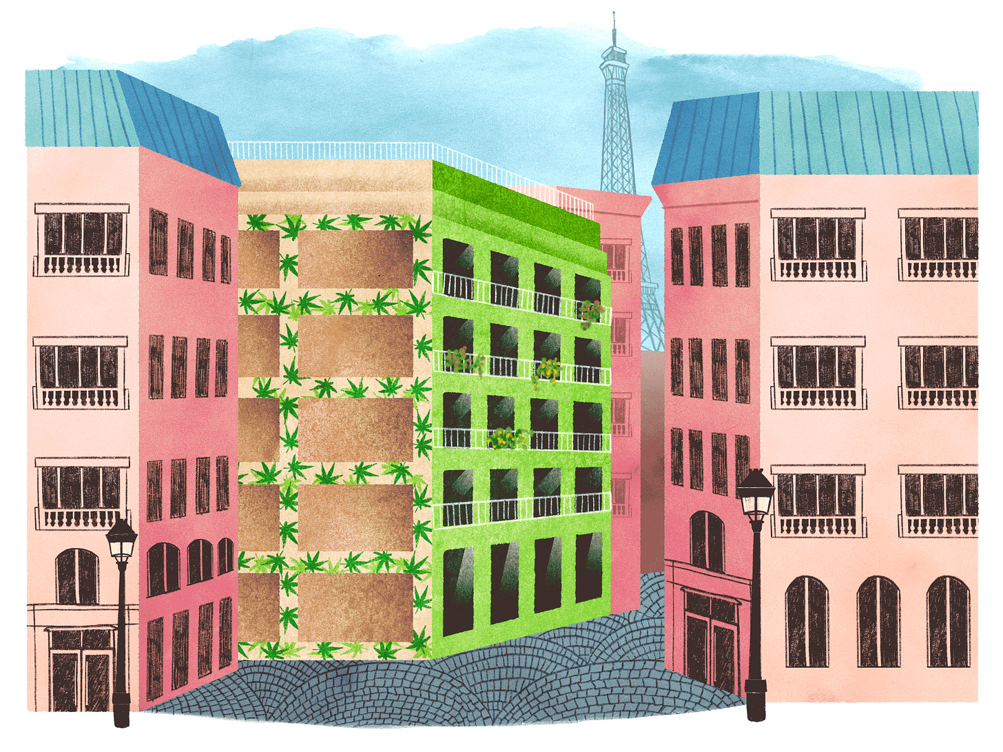 an illustration of a street in Paris with a row of buildings. In the center, the building is slightly green with cannabis leaves on the outside.