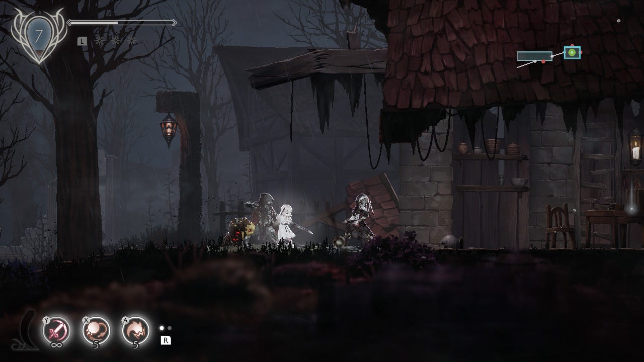 A screenshot of the protagonist from Ended Lilies, flanked by a few of her spirit allies