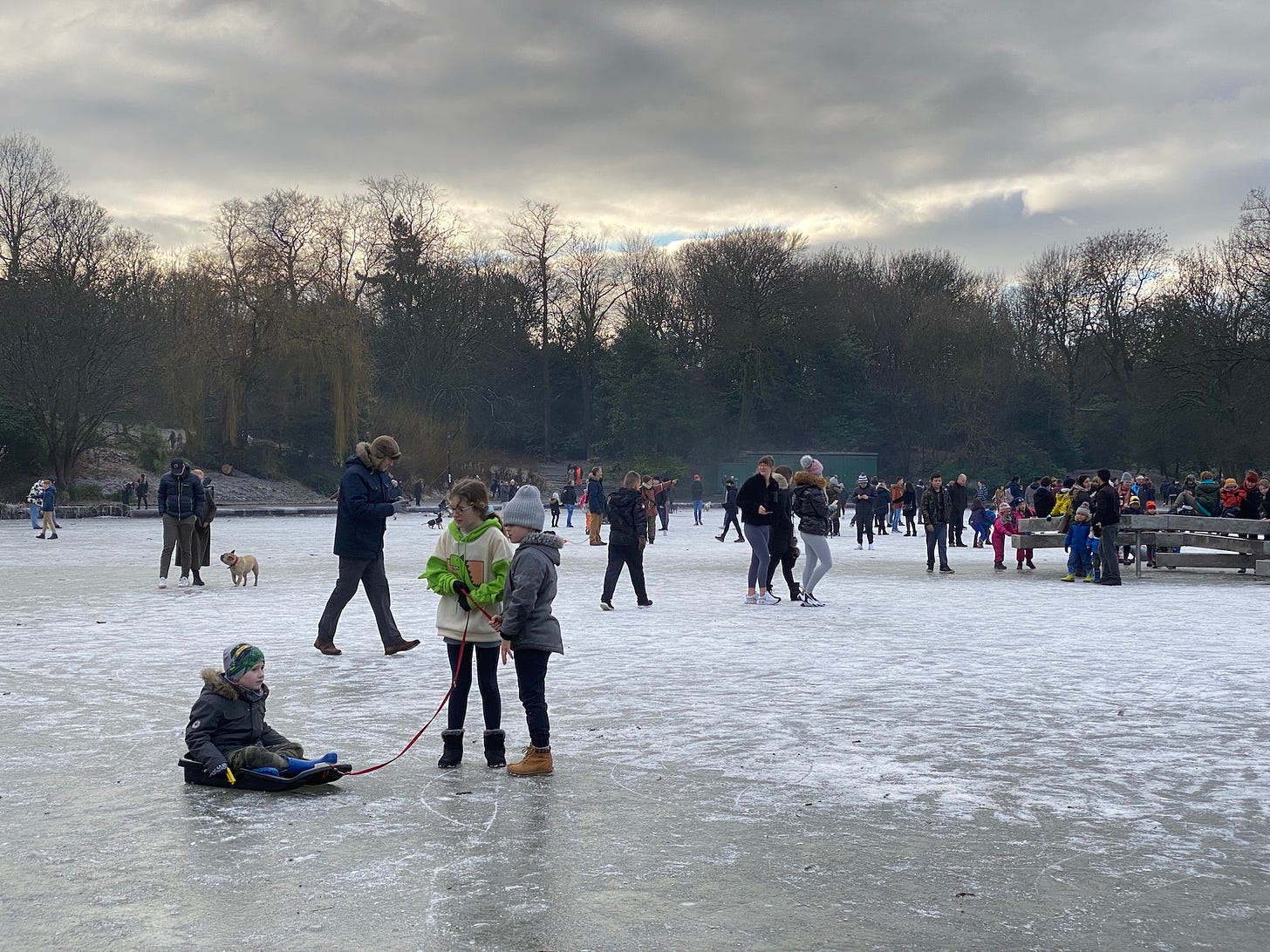 Children playing on frozen pond