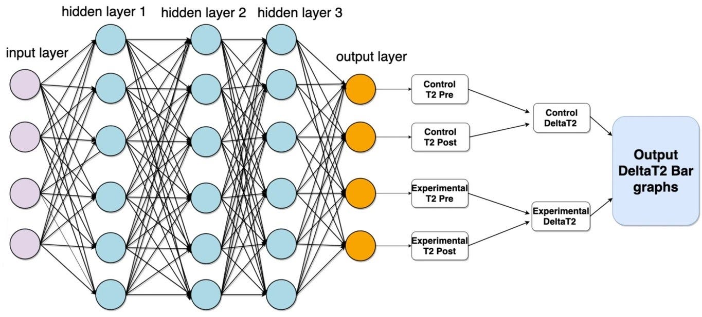 Imagem ilustra um esquema de rede neural, com vários círculos interligados por linhas, que representam neurônios da rede, por onde são processados dados até se obter uma determinada saída.