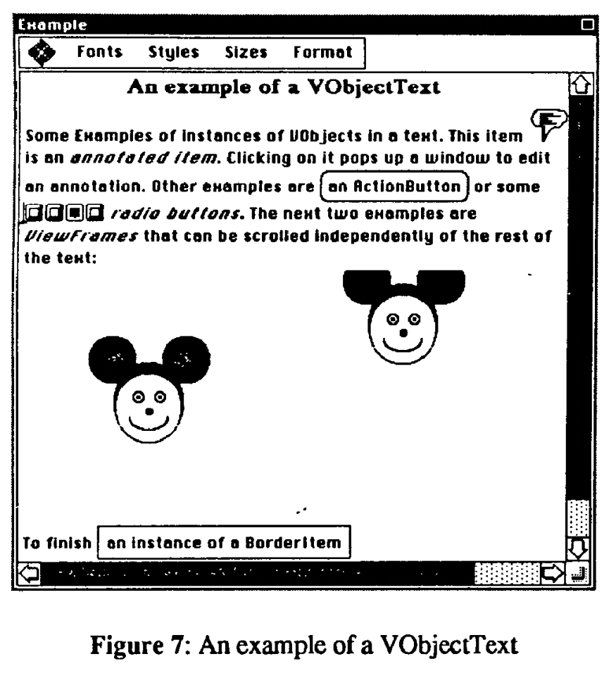 An example screen of ET++ running on Unix showing some text and some basic drawings along with menus. 