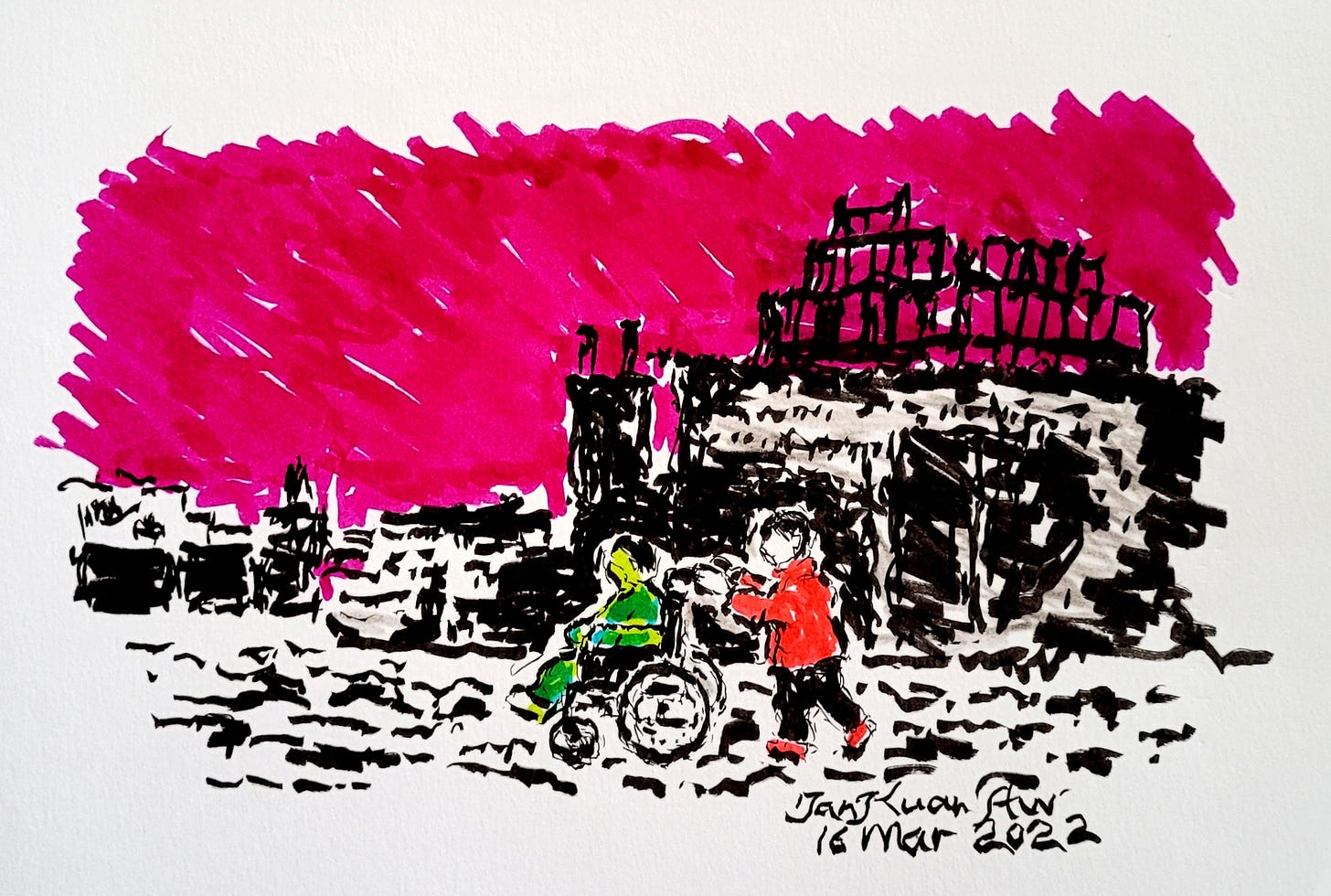 A water-colour painting: purple-red sky, black-and-white destroyed building, two children in the foreground. One, in green, sits in a wheelchair while the other, walking behind, pushes. They move in the devastation around them. 