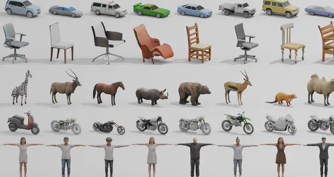 3D objects created by NVIDIA's GET3D AI model, including cars, chairs, animals, motorbikes and human characters.