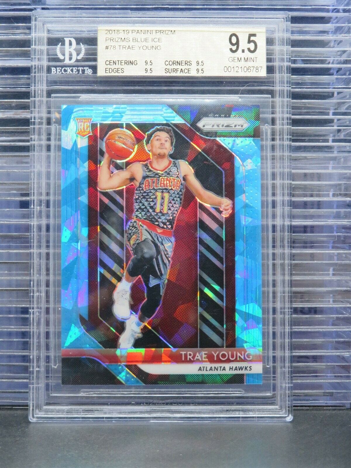 Image 1 - 2018-19-Prizm-Trae-Young-Blue-Ice-Prizm-Rookie-Card-RC-36-99-BGS-9-5-Q9