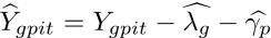 \widehat{Y}_{gpit} = Y_{gpit} - \widehat{\lambda_g} - \widehat{\gamma_p }