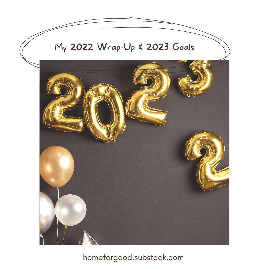 Gold number balloons that say 2023 on a gray background. A 2 balloon is floating beneath the 3. Text reads "My 2022 Wrap-Up & 2023 Goals"