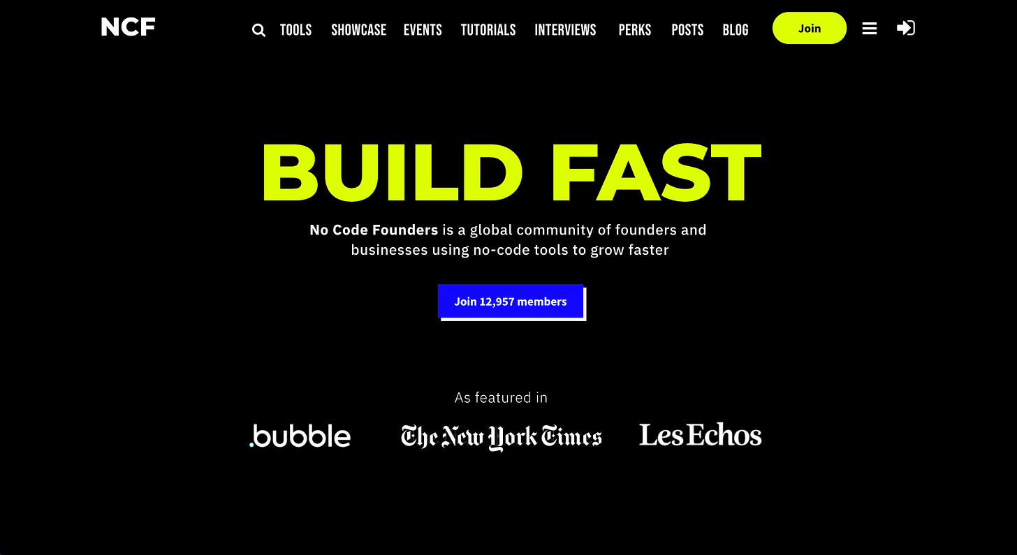 Nocode founders Bubble.io landing page