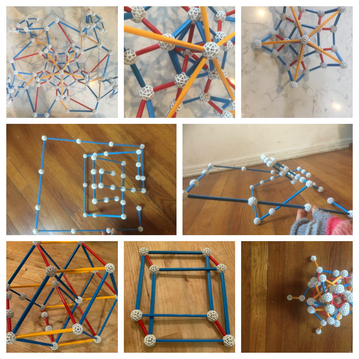 A 3x3 grid of creations made out of Zometool, described below