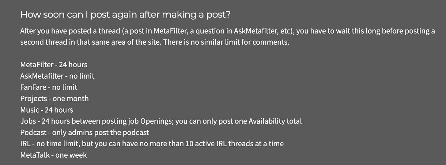 A screenshot of white text on a dark gray background. Title: "How soon can I post again after making a post?"