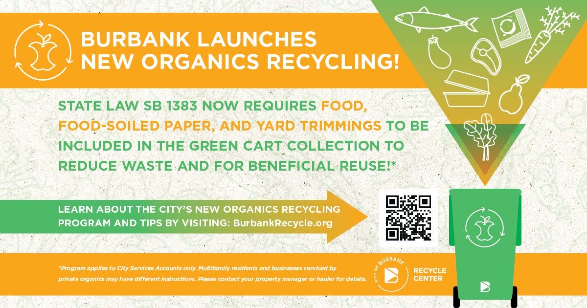 May be an image of text that says 'BURBANK LAUNCHES NEW ORGANICS RECYCLING! STATE LAW SB 1383 NOW REQUIRES FOOD, FOOD-SOILED PAPER, AND YARD TRIMMINGS TO BE INCLUDED IN THE GREEN CART COLLECTION TO REDUCE WASTE AND FOR BENEFICIAL REUSE!* LEARN ABOUT THE CITY'S NEW ORGANICS RECYCLING PROGRAM AND TIPS BY VISITING: BurbankRecycle.org *Program applles City Services Accounts only. Multifamily residents businesses serviced by private organics may have different Instructions. Please contact your property manager hauler for detalis. BURBANK RECYCLE CENTER'