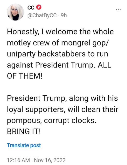 May be a cartoon of 1 person and text that says 'cc @ChatByCC 9h Honestly, I welcome the whole motley crew of mongrel gop/ uniparty backstabbers to run against President Trump. ALL OF THEM! President Trump, along with his loyal supporters, will clean their pompous, corrupt clocks. BRING IT! Translate post 12:16 AM Nov 16, 2022'