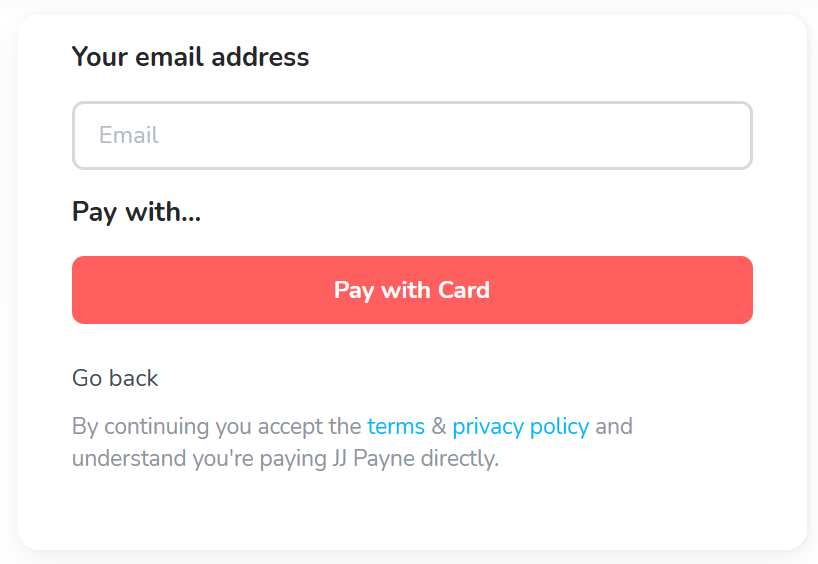 Screenshot of email field and Pay with Card button