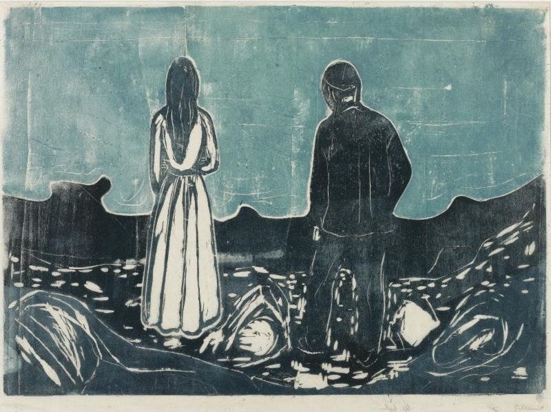 Edvard Munch, Two Human Beings, the Lonely Ones. Woodcut, 1899 |  Kunstideer, Kunstner, Malerier ideer