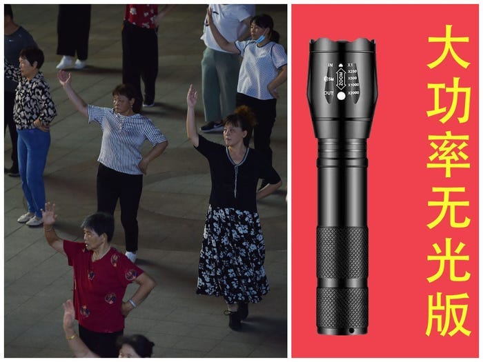 A speaker-silencing device (right) is being used to stop the music of China's square-dancing grandmas (left).