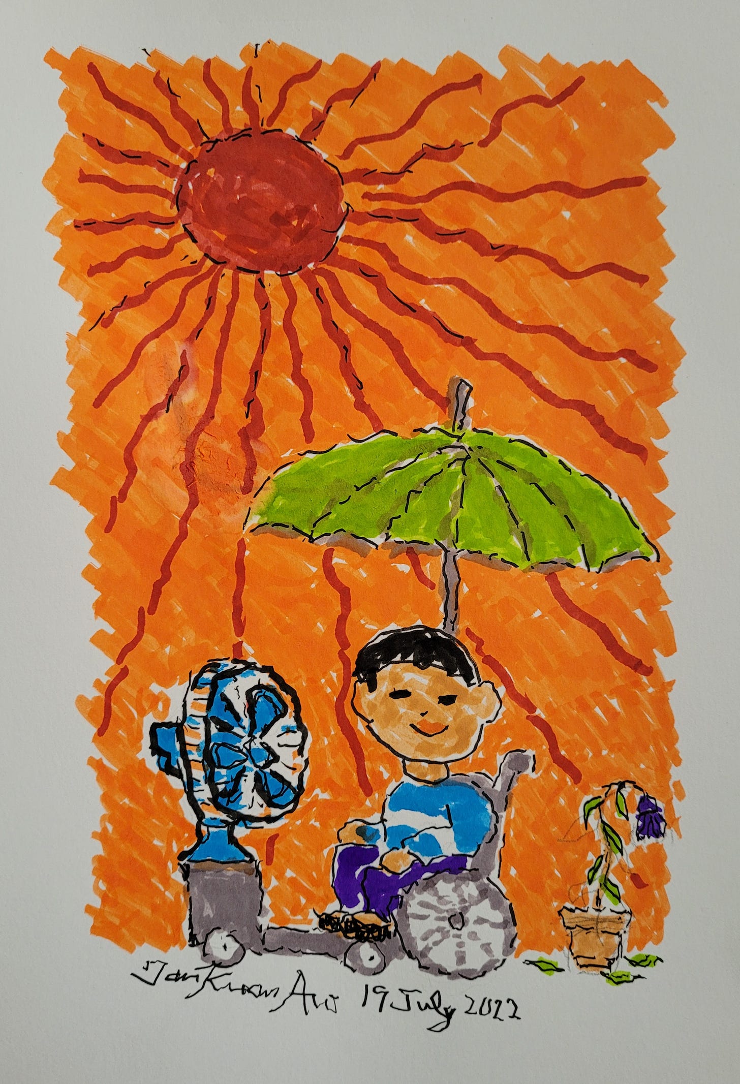 A watercolour illustration of a young man sitting in a wheelchair under the sun. The sun is a large red ball dominating the top half, and red rays stretch outwards against a hot orange background. The young man has light brown skin, black hair, a small smile, and a blue jumper. On his left is a fan pointing towards him, on his right a wilting flower, and above a green umbrella. Signed Tan Kuan Aw, 19th July 2022