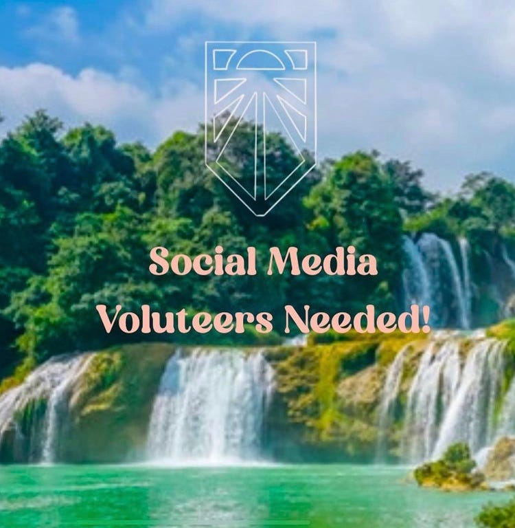 [Image description: blue sky with white clouds, green trees and vivid waterfall in background. Transparent Sunrise Movement symbol with white outline, light pink text reads: "Social Media Volunteers".]