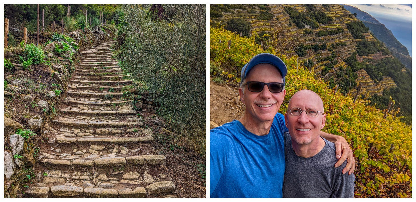 The picture on the left shows steps marching straight up, while the photo on the right shows Brent and Michael with grape vines and the ocean behind them. 