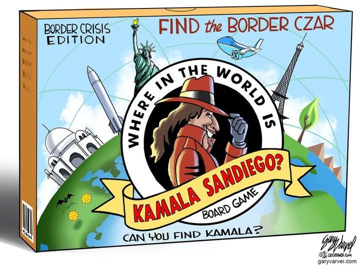 May be a cartoon of text that says 'BORDER CRISIS EDITION FIND the BORDER CZAR IN THE WORLD WORLD WHERE IS n SANDIEGO? GAME KAMALA BOARD GAME CAN YOU FIND KAMALA? @EREARS.OM borybaunel garyvarvel.com'