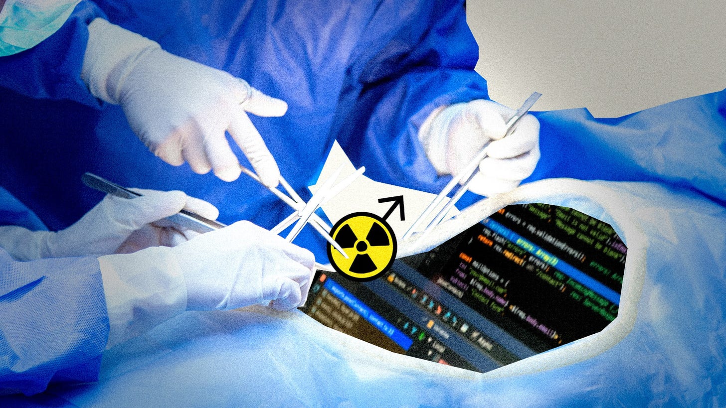 Surgeon hands remove a toxic symbol from a computer.