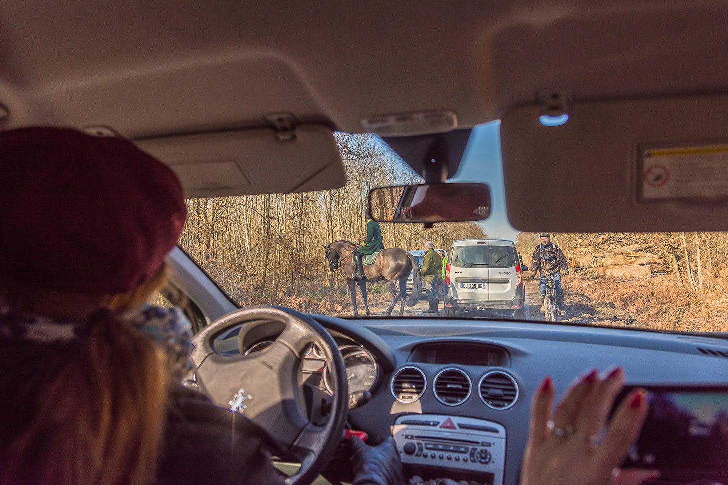 Hunt and supporters blocking a road. The view is from inside a hunt saboteur's car.