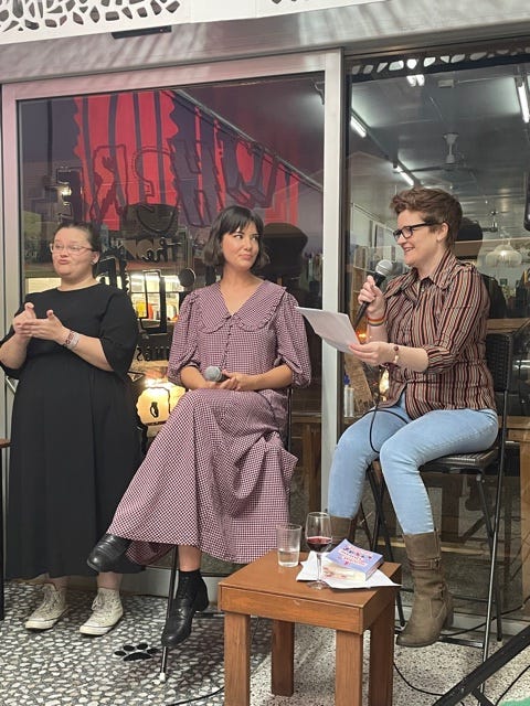 A photo of Anna interviewing Kay at the Brisbane launch of Social Queue