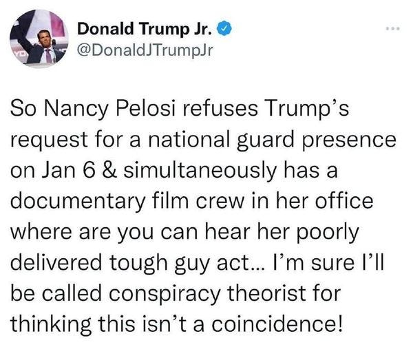 May be a Twitter screenshot of 1 person, standing and text that says 'Donald Trump Jr. @DonaldJTrumpJr So Nancy Pelosi refuses Trump's request for a national guard presence on Jan 6 & simultaneously has a documentary film crew in her office where are you can hear her poorly delivered tough guy act... I'm sure I'll be called conspiracy theorist for thinking this isn't a coincidence!'