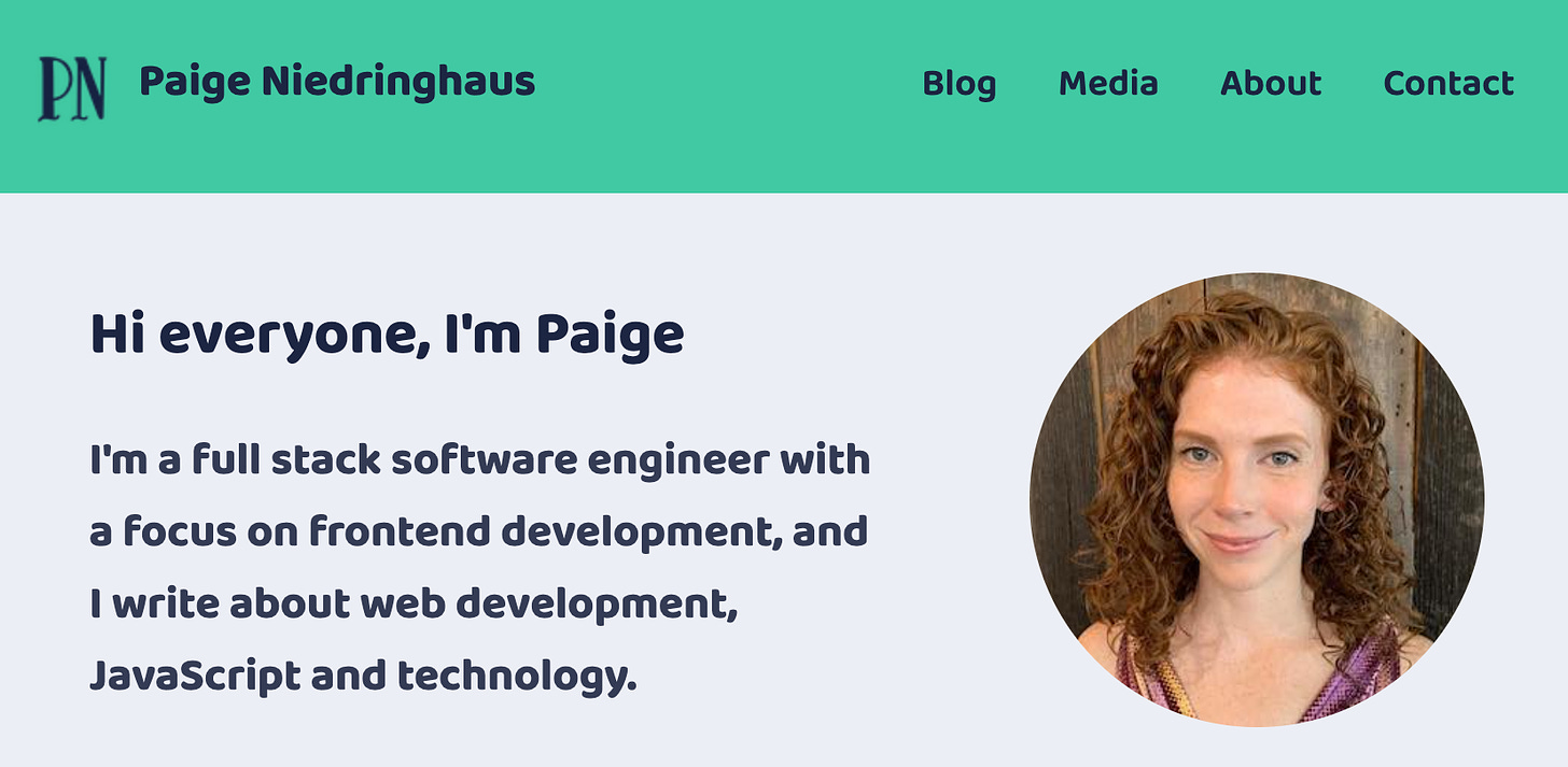 Screenshot of the home page of Paige's new personal webiste.