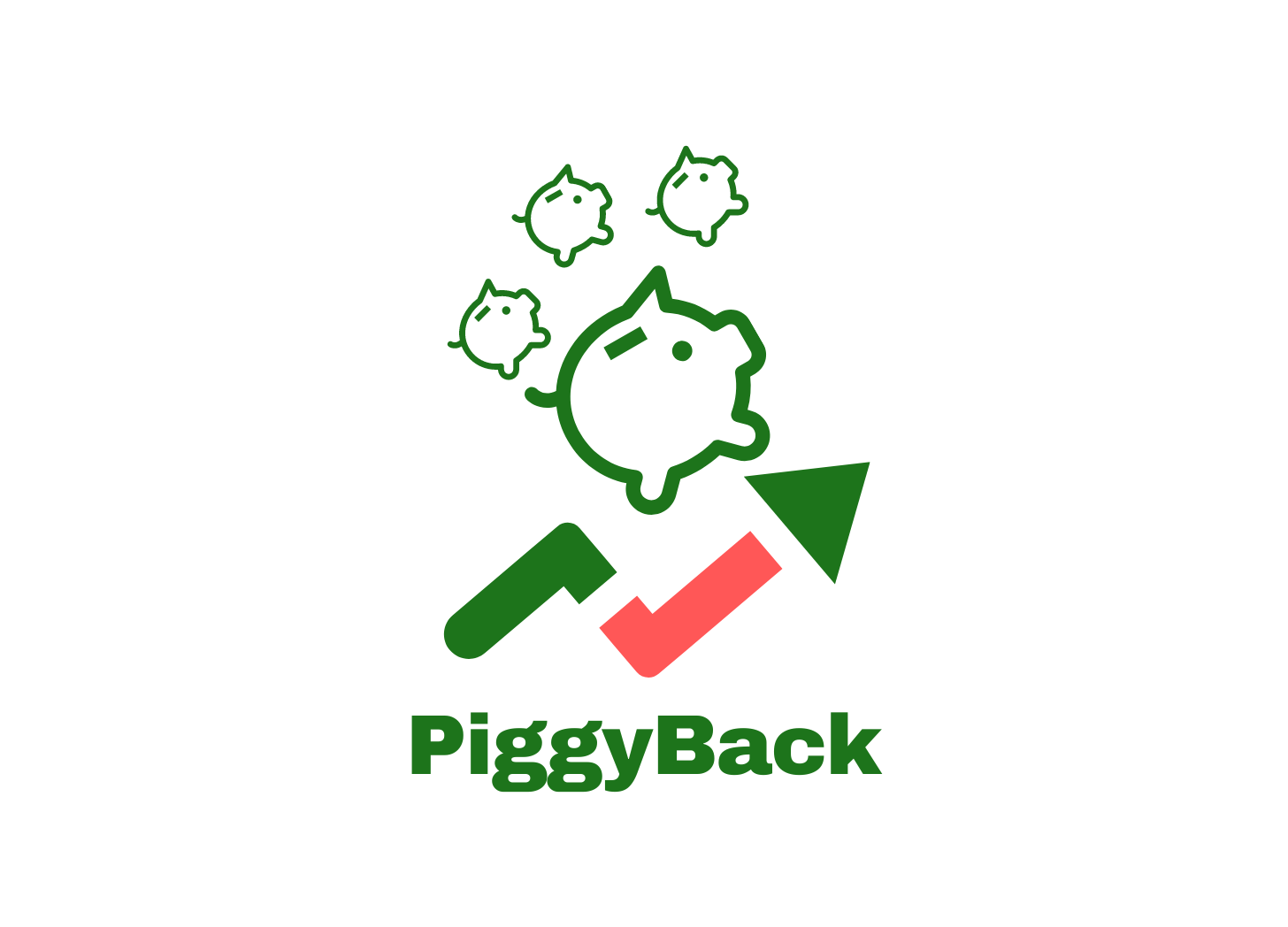 Web address: piggyback.one .Piggyback logo with 3 smaller piggybacks "piggybacking" on top of a larger piggybank, who is climbing an upward pointing zig-zag-zig market arrow. Source: PiggyBack