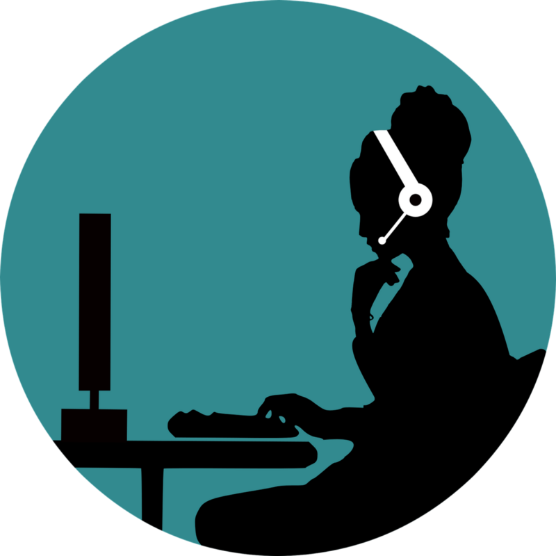 Silhouette of woman at computer wearing white headset