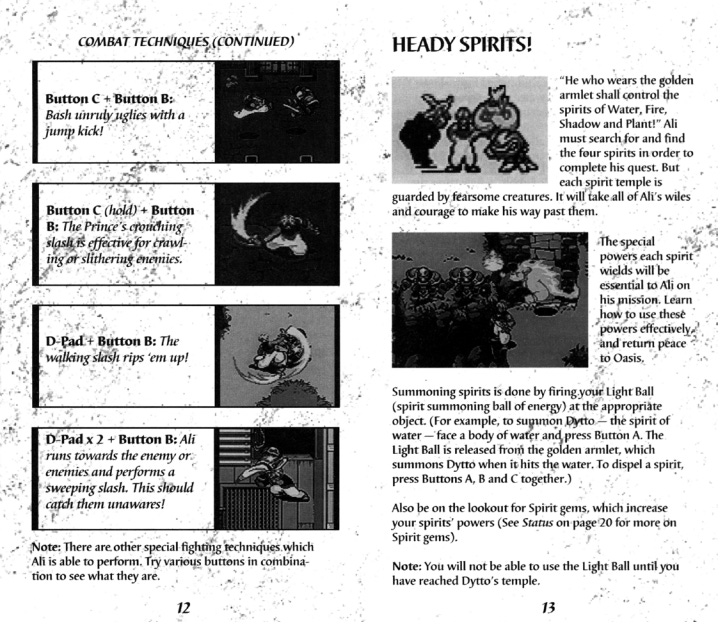 A scan from Beyond Oasis' manual, that explains the button combinations necessary for performing the game's various "combat techniques," as well as some information on summoning spirits.