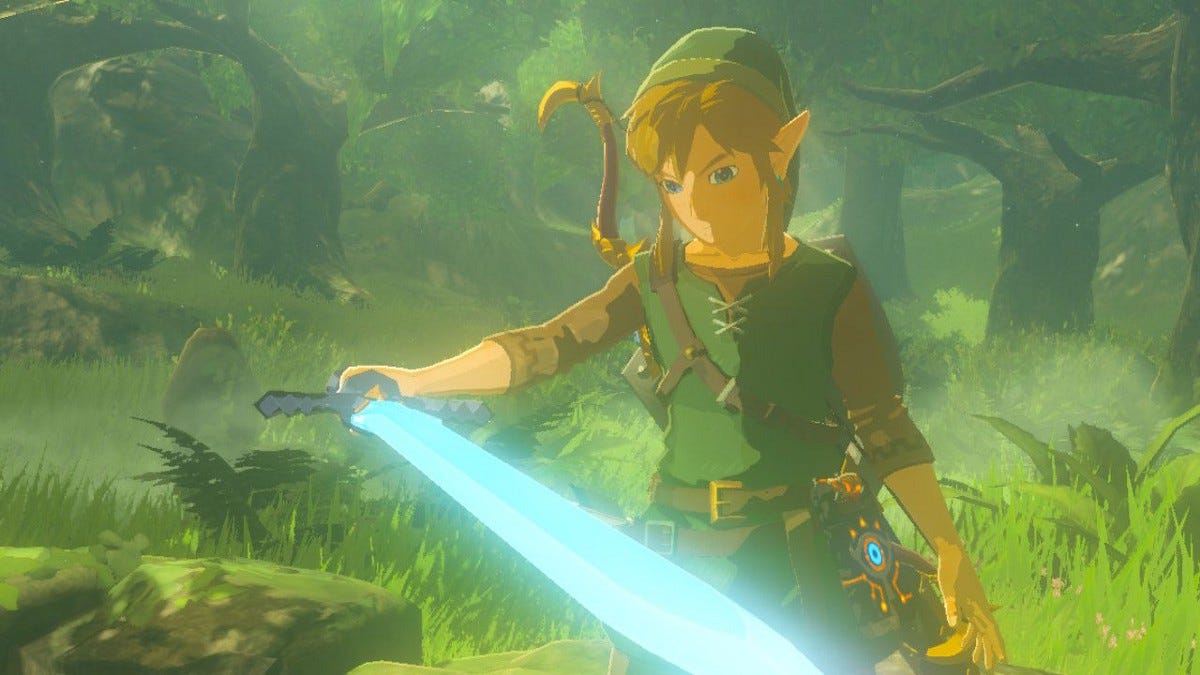 Link holding the Master Sword in his Tunic of the Wild outfit, a decidedly old-school look.