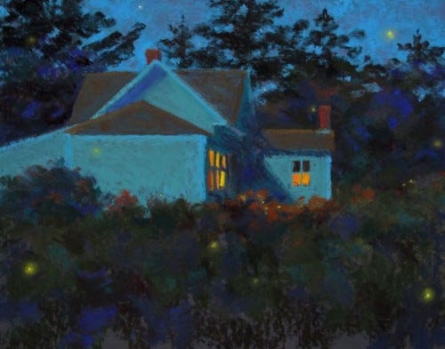 painting of a house with yellow lights in the windows. the background is green shrub and blue night.