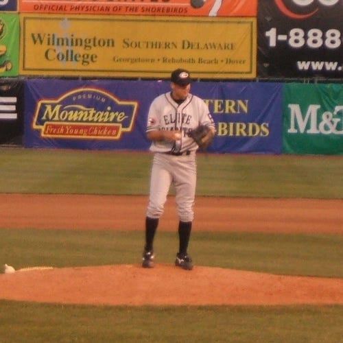 Brad Bergesen of the Shorebirds pitching in a replica Negro League Baltimore Elite Giants uniform.