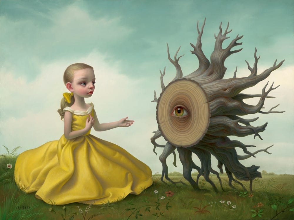 A small girl dressed in a yellow gown with white collar sits before an upturned tree stump. Her golden hair is tied in a ponytail and her hands are raised in a gesture of graceful conciliation. An eye at the center of the stump receives the offering with dignity. On the overlying side of the stump, the tree’s roots magically extend outward. The background is blue, symbolizing the sky and the landscape depicts a green meadow with blooming wildflowers.  