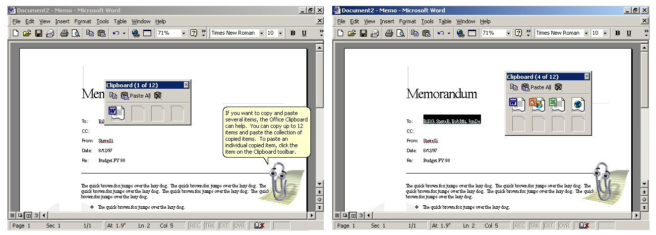 Two screens showing Office 2000 with the new clipboard. The first one is clippy offering a tip on how to use the feature after copying something to the clipboard. The second shows a series of items on the clipboard from different applications.