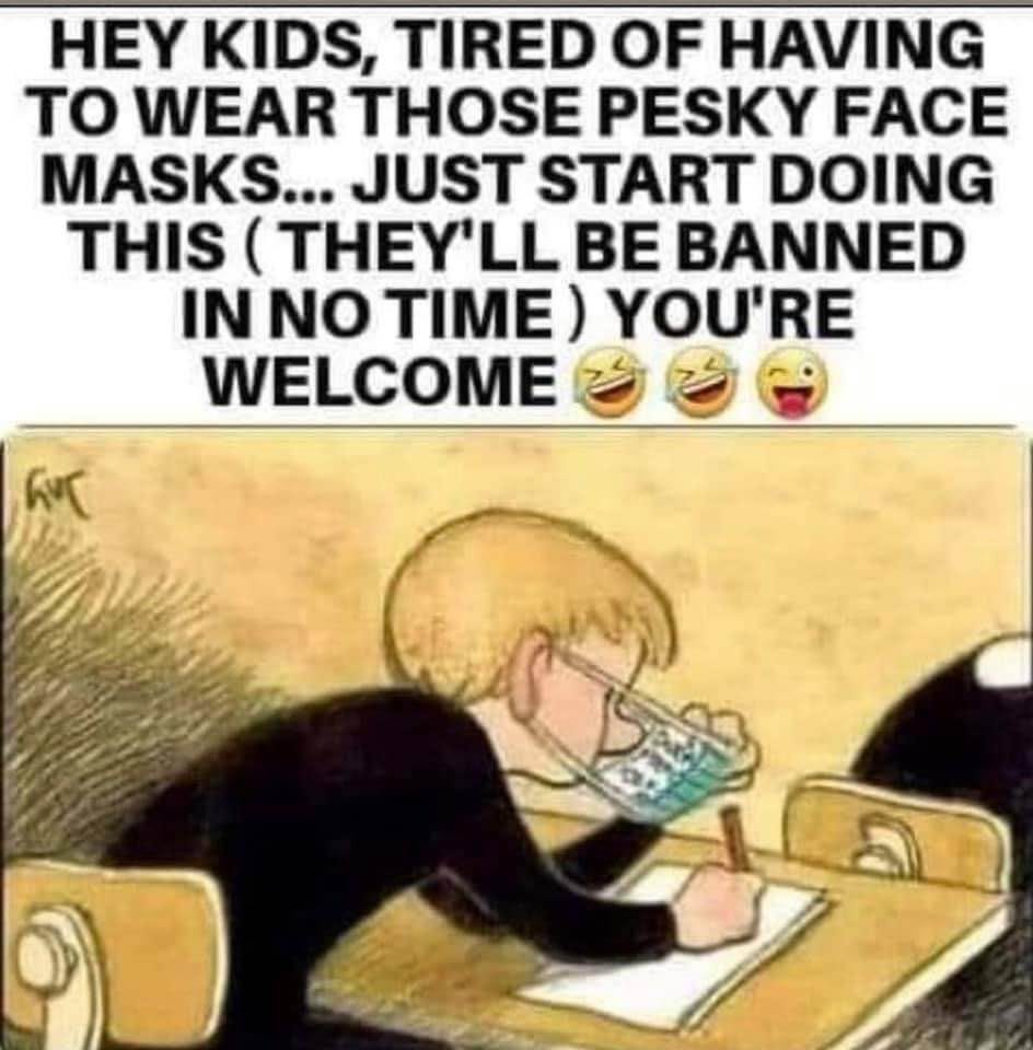 May be a meme of text that says 'HEY KIDS, TIRED OF HAVING ΤΟ WEAR THOSE PESKY FACE MASKS... JUST START DOING THIS (THEY'LL BE BANNED IN NO TIME) YOU'RE WELCOME'