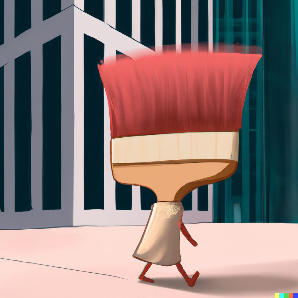 “A paintbrush walking into an office building, digital art” / DALL-E