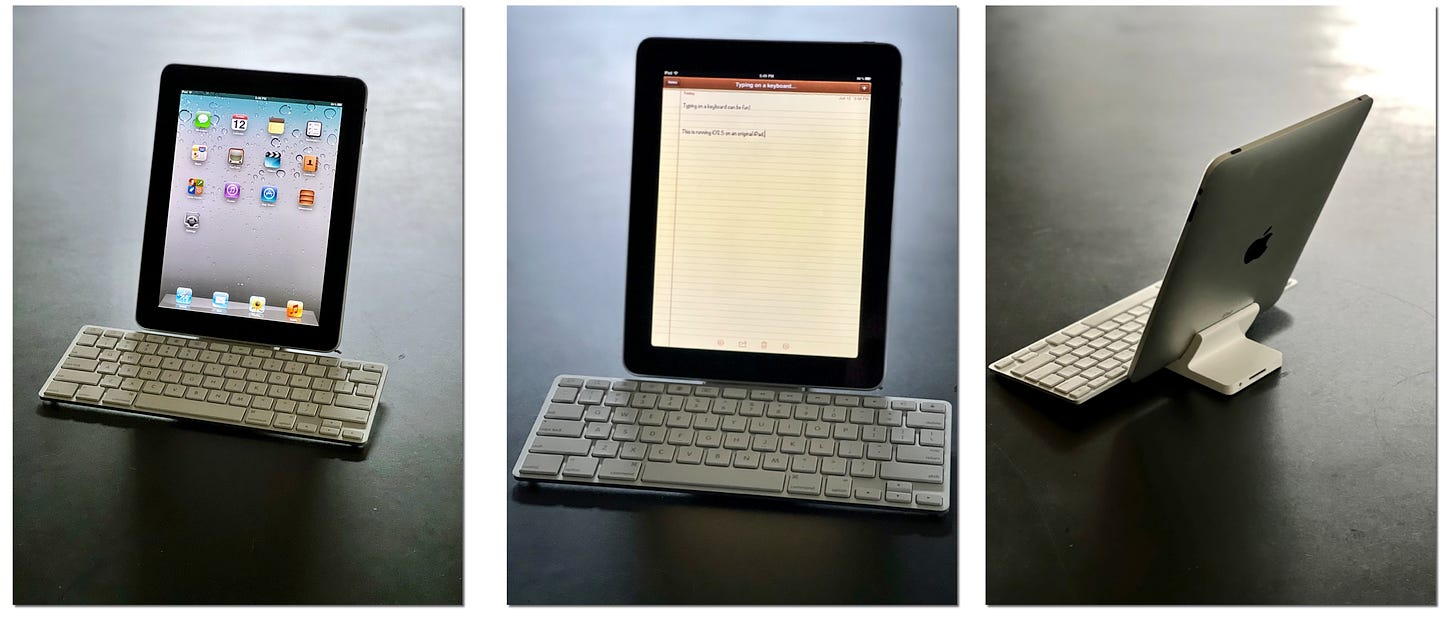 Three photos of the Mac docking station. The Mac is in portrait mode docked into the keyboard. One shows the start screen, one is running the Notes app, the third is from the back showing the dock and old style connector.