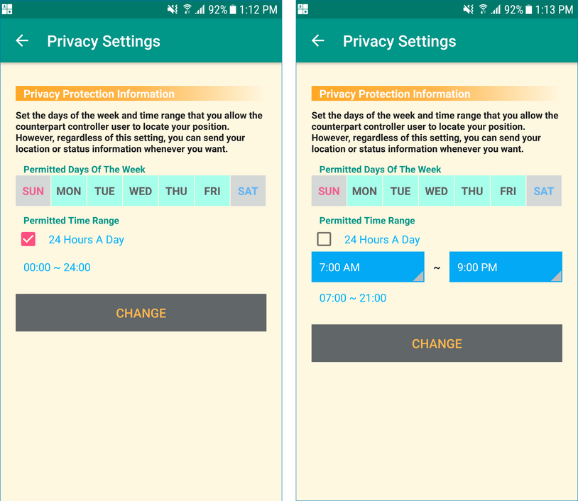 GeoFamily Tracker User App : Privacy Settings - Screens 2 GeoFamily Tracker User App : Privacy Settings - Screens 2