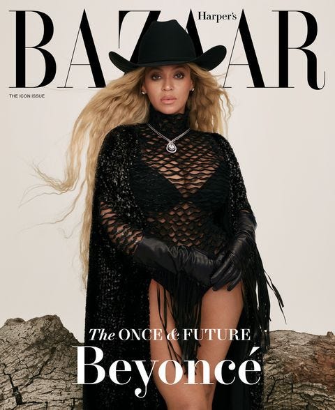 magazine cover with beyonce standing in front of a log wearing a black netted bodysuit cowboy hat and gloves accessorized with diamond jewelry