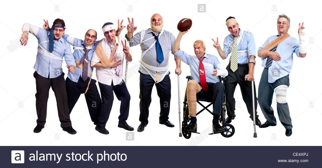 Group of injured businessmen after a rugby sevens game Stock Photo - Alamy