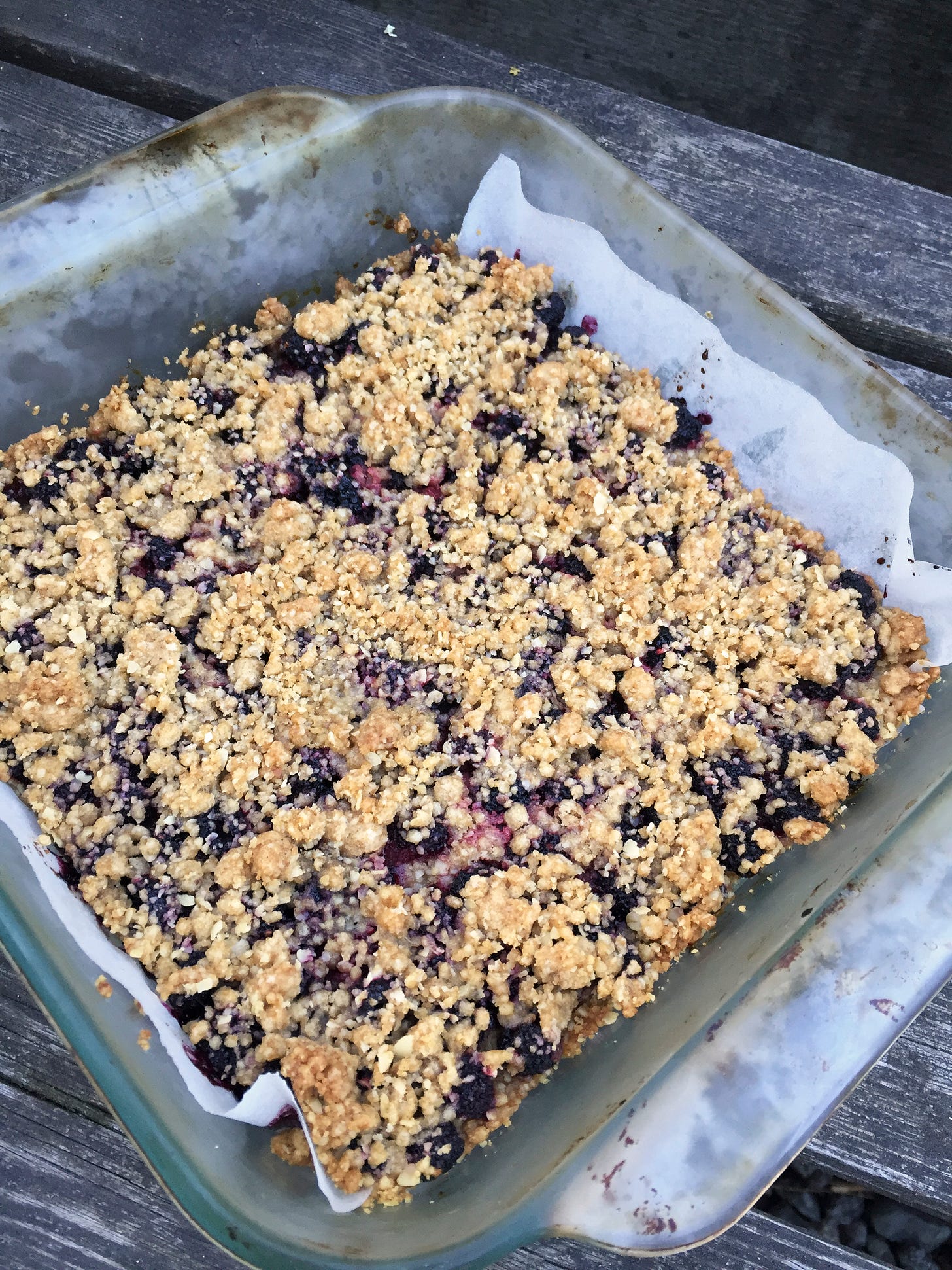A clear glass pan of the raspberry crumb bars. Black berry filling is visible through the crumble topping.