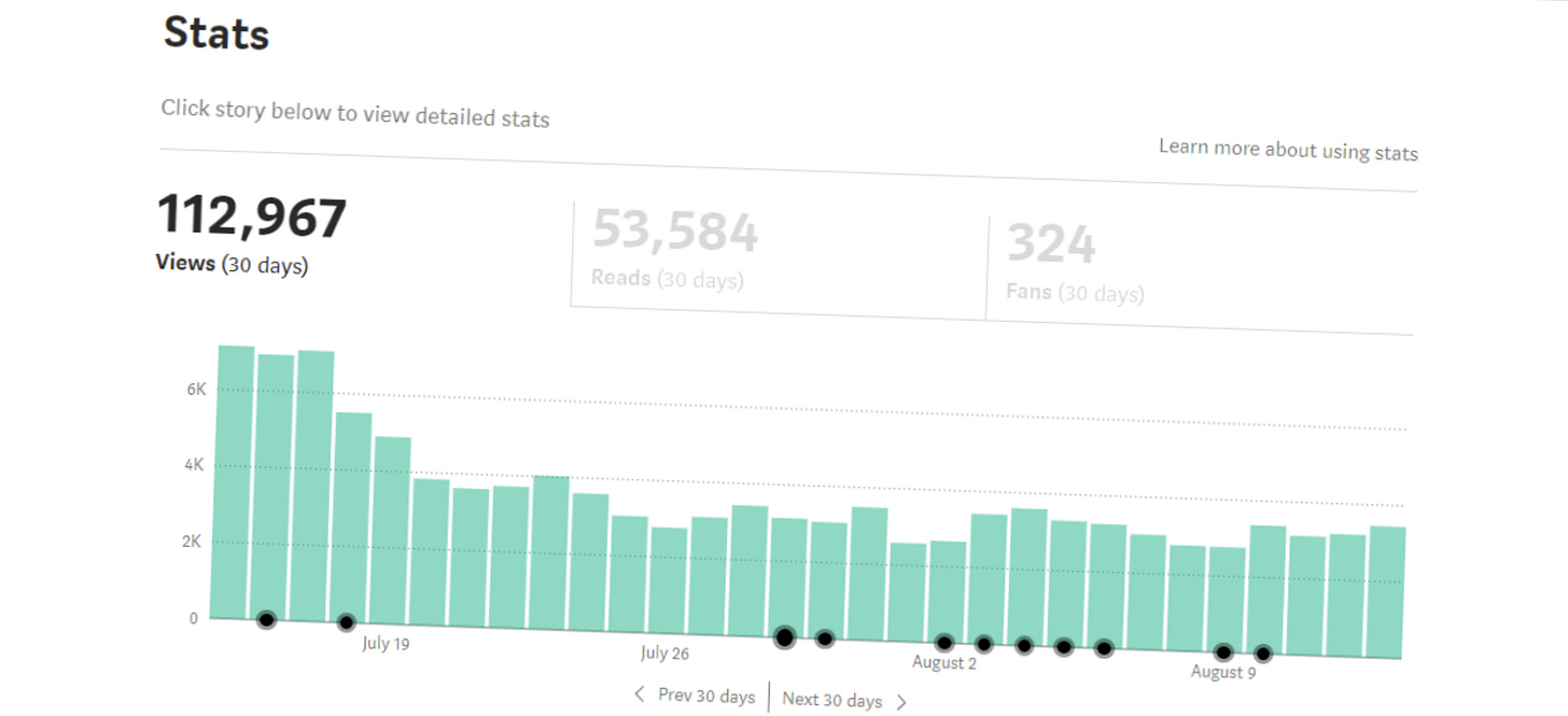 Medium stats showing the publishing frequency and how much views i am getting on Medium. 