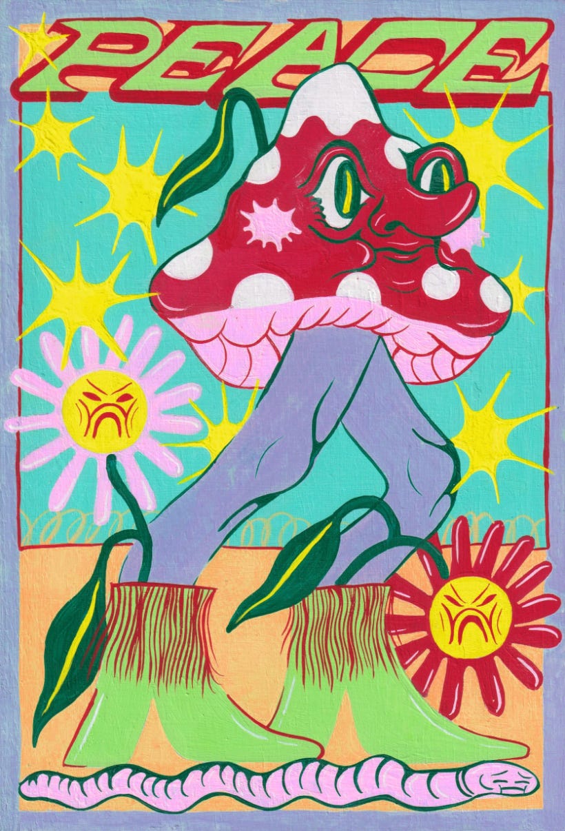 A red toadstool with blue legs and green boots walks through a field. There are pink flowers and yellow sunbursts in the background. The top of the image reads 'Peace'
