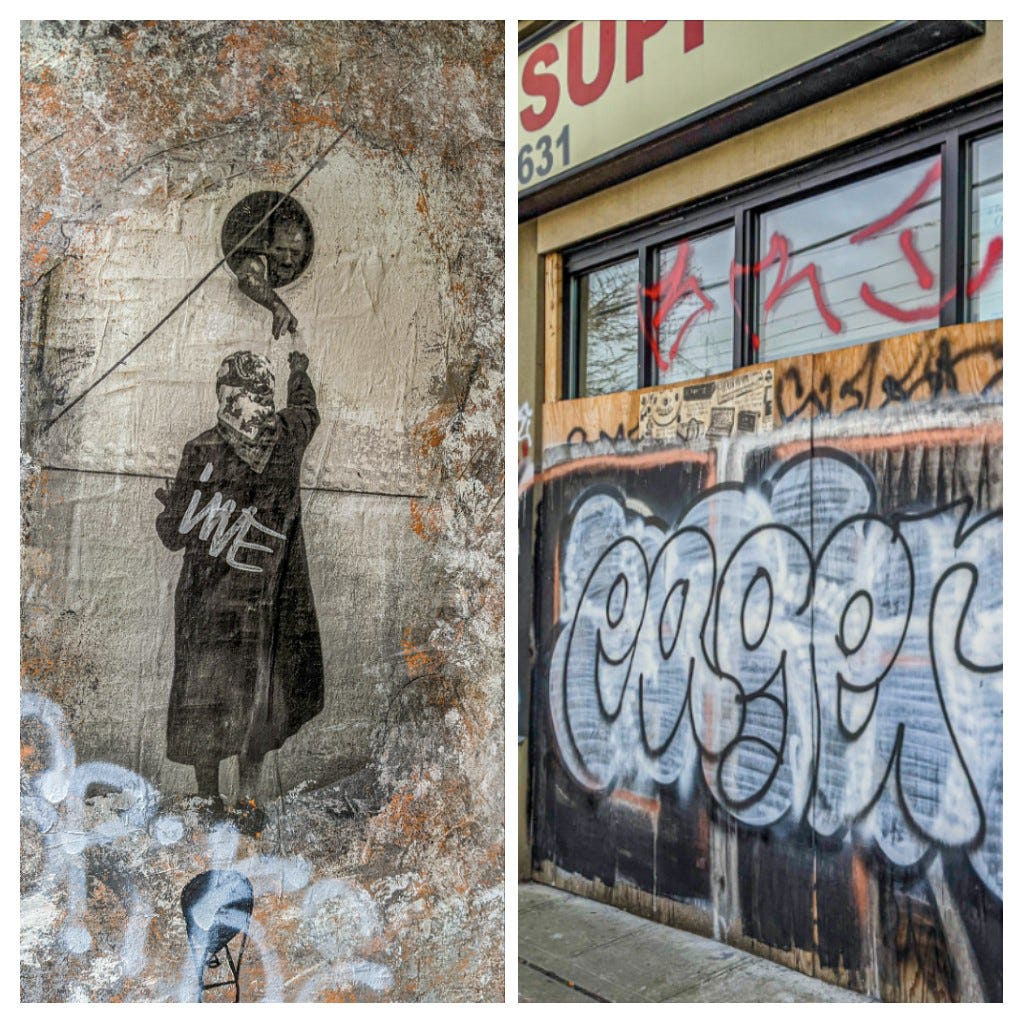 The street art on the right shows a woman reaching up to a man who appears to be reaching through a hole in the wall. The right photo shotos various graffiti on a wall including the word "eager."