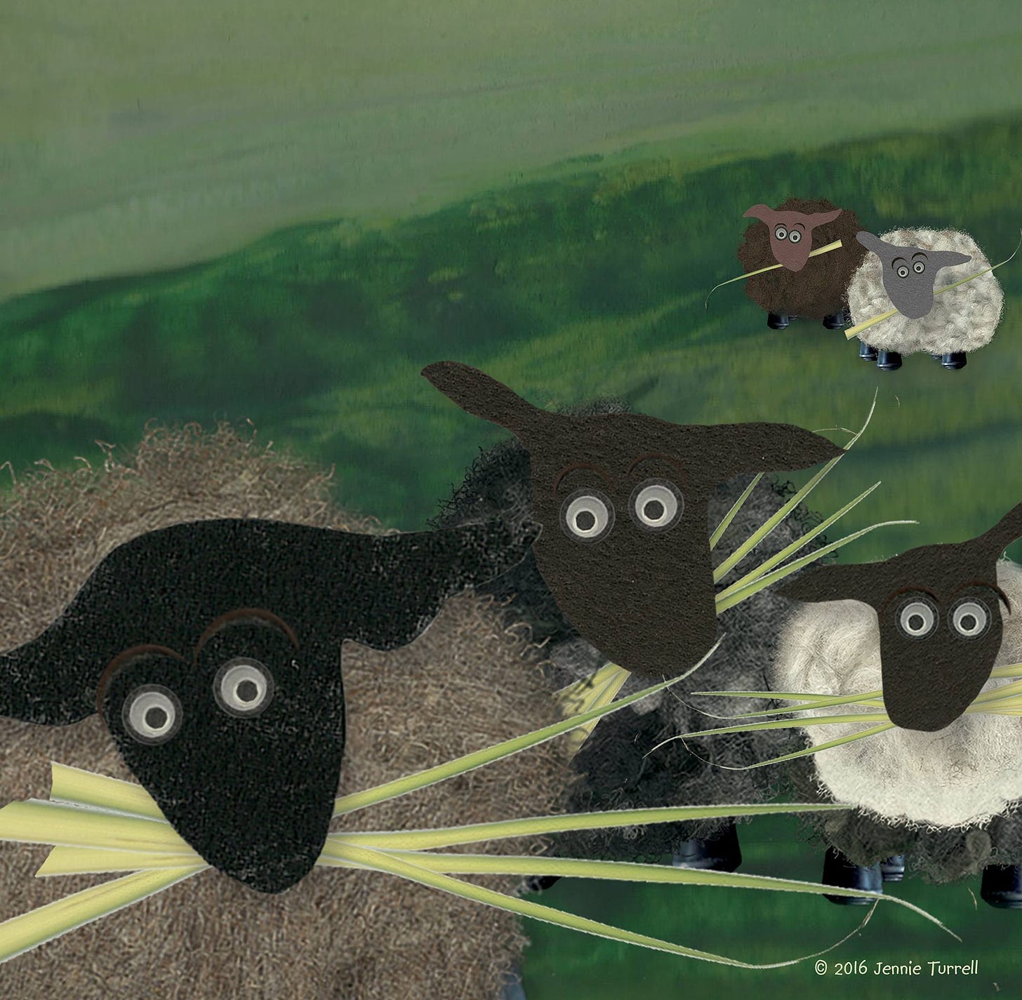 An image of illustrated sheep holding palm branches in the style of Jennie Turrell’s Let Us Pray, a book about the Eucharist for children.