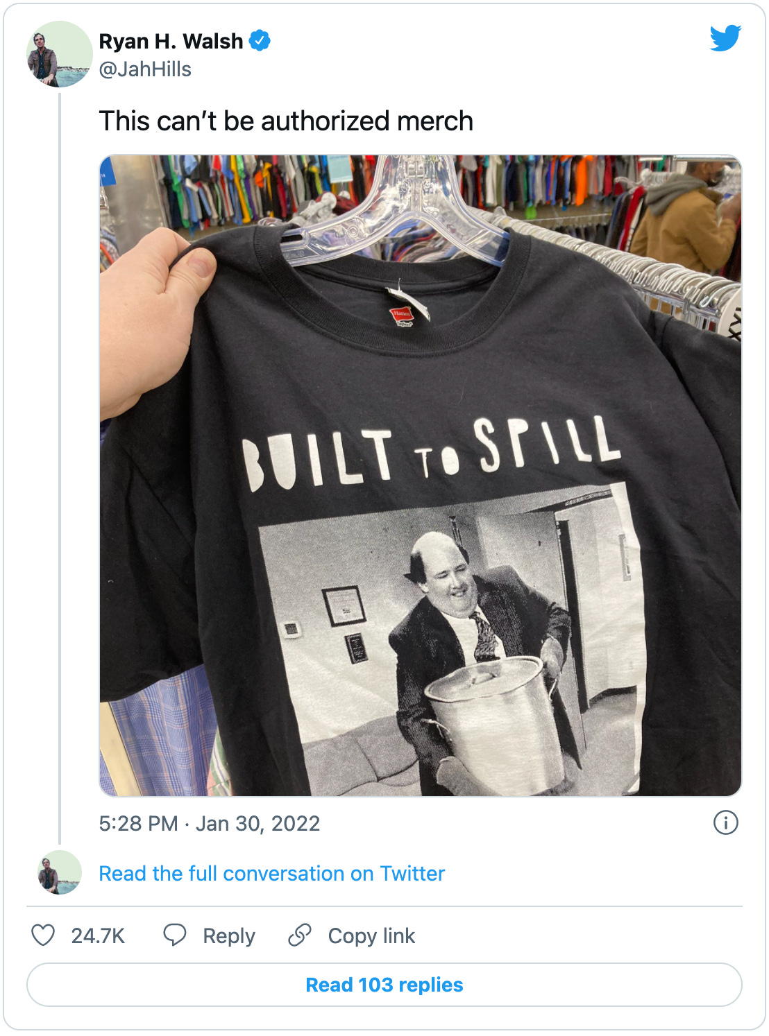 Ryan H. Walsh tweets: “This can’t be authorized merch” with a picture of a t-shirt that says “Built to Spill” above a screenshot of Kevin from The Office about to drop his giant pot of chili.
